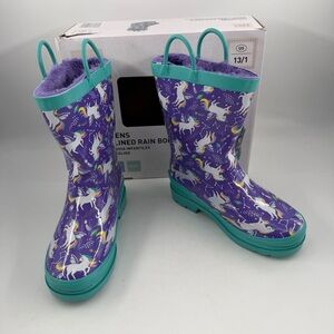 Lily & Dan Little Girls Lined Unicorn Print -SZ 13/1- Handle Purple Rain Boots